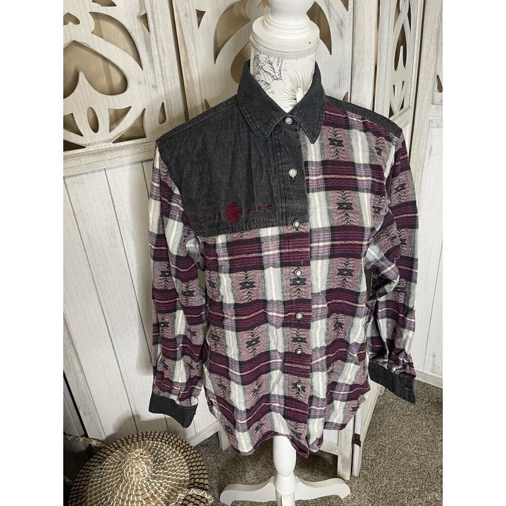 Vintage Wrangler Shirt Aztec Plaid Purple Black Western Cowboy Colorblock Medium
